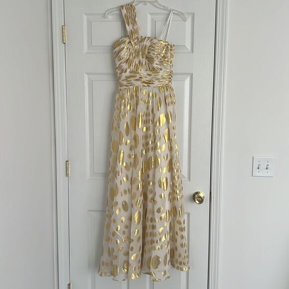 Aidan Mattox silk maxi one shoulder ball dress Sz 2 white & gold polka dots